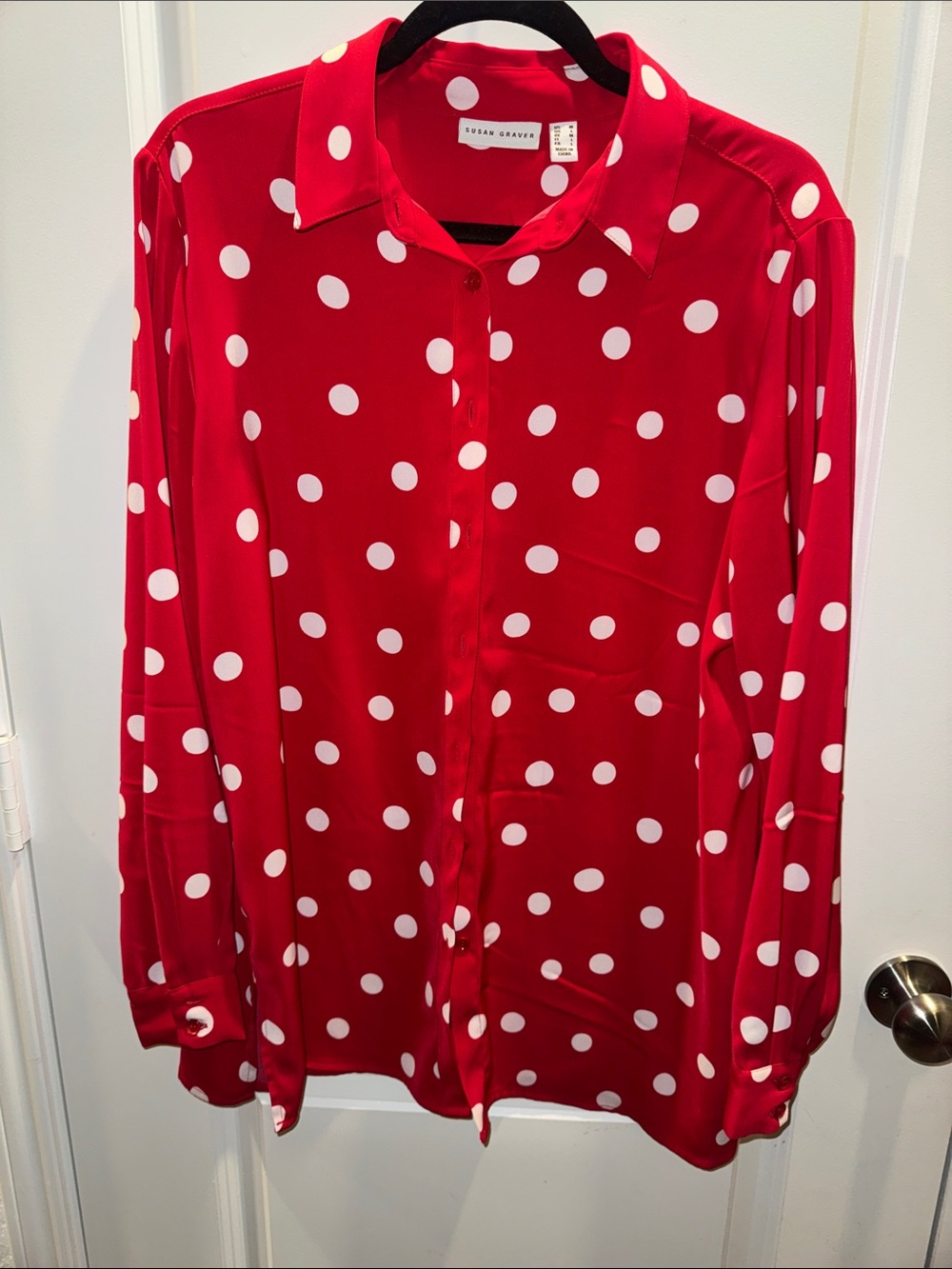 Susan Graver Red and White Polka Dot Button-Down Shirt, Tunic Length Sz M